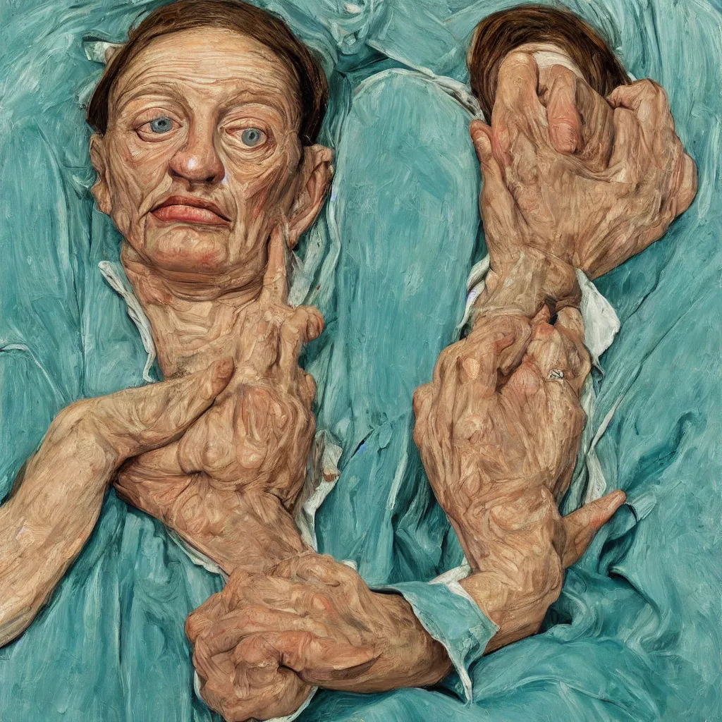 Image similar to high quality high detail painting by lucian freud, jenny savile, unsettling portrait, turquoise, hd