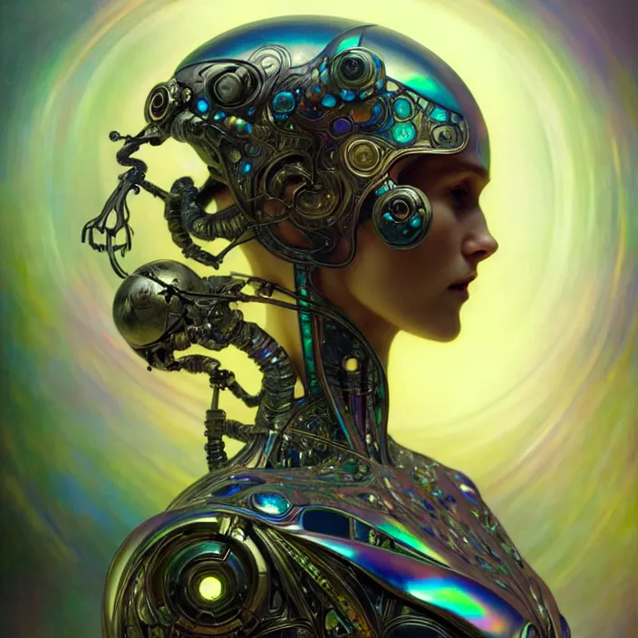 Image similar to organic cyborg, iridescent bettle, diffuse lighting, fantasy, intricate, elegant, highly detailed, lifelike, photorealistic, digital painting, artstation, illustration, concept art, smooth, sharp focus, art by john collier and albert aublet and krenz cushart and artem demura and alphonse mucha