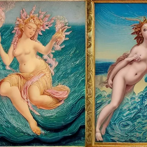 Image similar to The collage depicts the goddess Venus, who is born from the sea, being blown towards the shore by the wind god Zephyr. On the shore, the goddess of love, beauty, and fertility, is greeted by the nymphs who attend to her. The collage is a masterful example of use of color, light, and perspective. The figures are depicted in graceful poses, and the overall effect is one of serenity and beauty. by Charles Robinson a e s t h e t i c