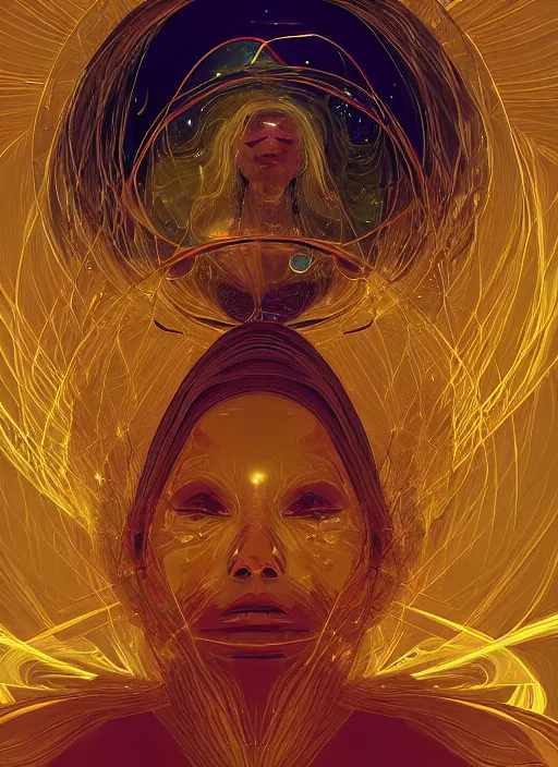 Image similar to a golden woman 2/3 figurative portrait, in space, head breaking apart and spiraling geometry into the sky upwards into another dimension, lazer light beaming down to top of her head, by moebius and Yoshitaka amano, painterly digital art