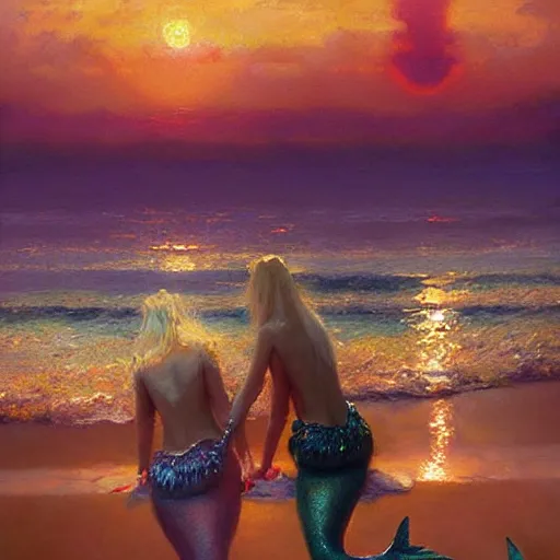 Image similar to twin flame pleadians with mermaid towers and sparkling ocean with pink sunset and mermaids swimming hue highly detailed oil painting hue by craig mullins