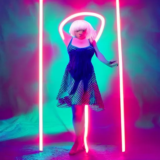 Prompt: singer songwriter sia furler sexy artistic vapor wave style lighting photoshoot