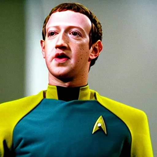 Prompt: a still of mark zuckerberg as data the android in star trek : the next generation ( 1 9 8 7 ), wearing a yellow star trek uniform
