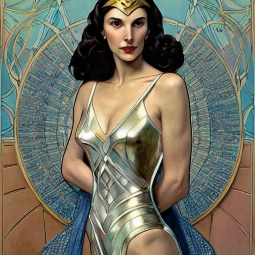 Prompt: a streamline moderne painting of gal gadot in the style of donato giancola, and in the style of charlie bowater, and in the style of alphonse mucha. symmetry, smooth, sharp focus, semi - realism, intricate detail.