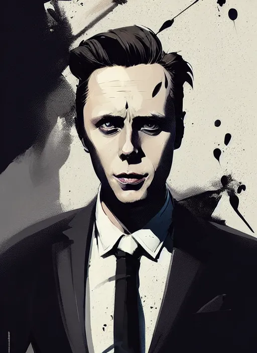 Image similar to highly detailed closeup portrait of martin wallstrom, tyrell wellick, slick back hair wearing suit by atey ghailan, by greg rutkowski, by greg tocchini, by james gilleard, by joe fenton, by kaethe butcher, gradient blue, black and white only color scheme, grunge aesthetic!!! ( ( graffiti tag wall background ) )