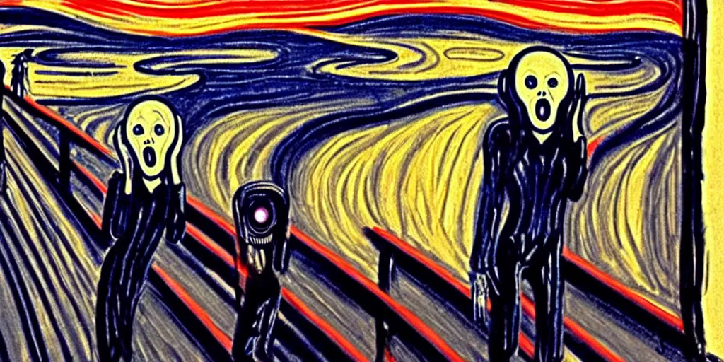 Image similar to The Scream painting with robot inspired by black widow by white night on art station
