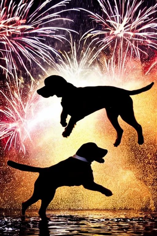 Prompt: man throwing a beagle in the air while standing in water with fireworks in background, full body, silhouette, reflection in water, volumetric lighting, golden ratio, backlit