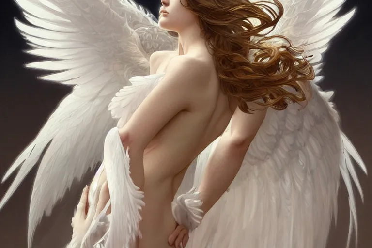 Prompt: a white angel with feathered wings open, D&D, fantasy, intricate, elegant, highly detailed, digital painting, artstation, concept art, matte, sharp focus, illustration, art by Artgerm and Greg Rutkowski and Alphonse Mucha, 4k