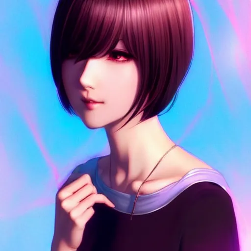 Image similar to cute girl short silky hair velvet film occlusion shadow specular reflection rim light unreal engine artstation pinterest art by hiroaki samura range murata and ilya kuvshinov intricate highly detailed 8 k art deco illustration realistic extremely beautiful shape of face neck shoulders eyes
