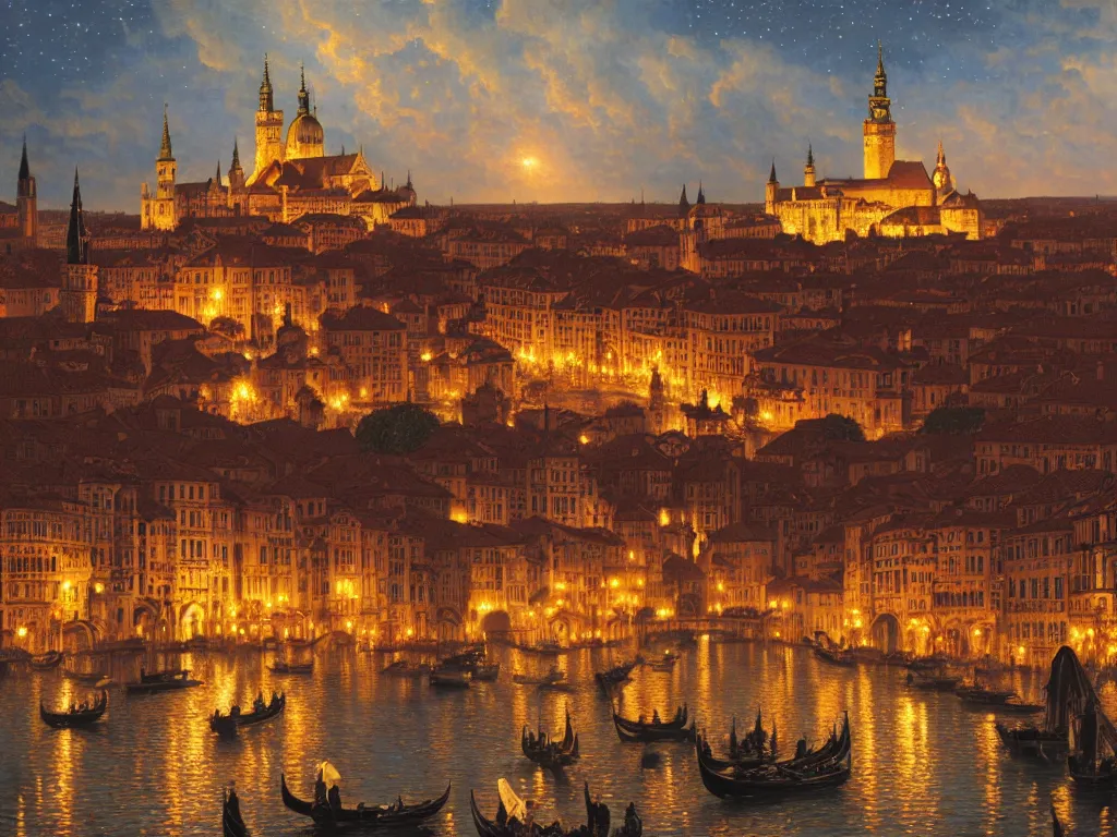 Image similar to a view of an ancient medieval castle city resembling prague castle and venice at night with a sky full of stars, intricate, elegant, highly detailed, digital painting, artstation, concept art, smooth, sharp focus, colored illustration for tattoo, art by thomas kincade and alphonse mucha,