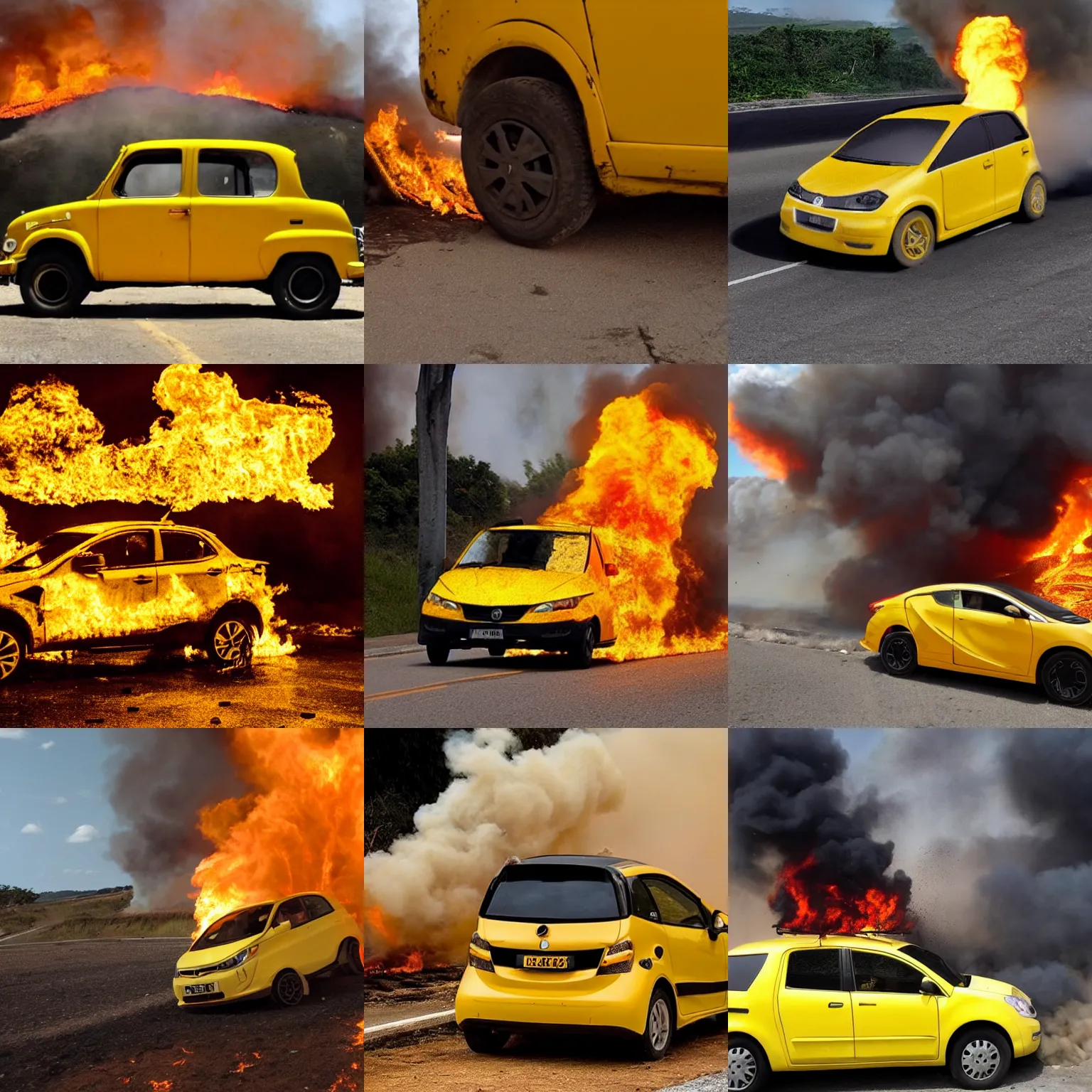 Prompt: carro amarelo pegando fogo