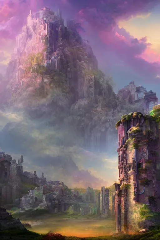 Image similar to beautiful matte painting vaporwave, fantasy ruins skyline background painted, intricate, volumetric lighting, beautiful, rich deep colors masterpiece, sharp focus, ultra detailed by