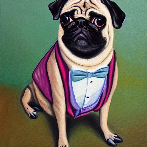 Image similar to pug in a suit, painting by ralph grady james, jean christian biville