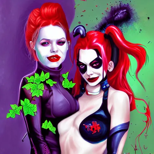 Prompt: harley quinn and poison ivy romance, hyper detailed masterpiece, digital art painting, surrealisme aesthetic,