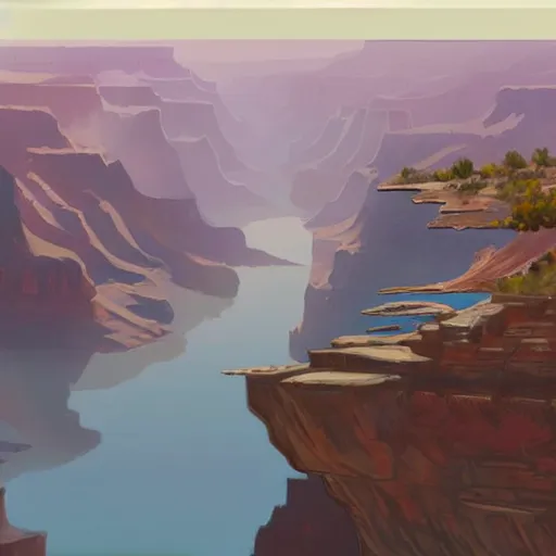 Image similar to concept art painting of a wide grand canyon with ocean inside, giant river, with unfinished bridge under construction, realistic, detailed, cel shaded, in the style of makoto shinkai and greg rutkowski and james gurney