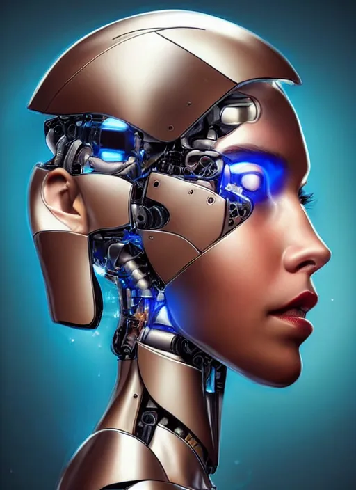 Image similar to portrait of a cyborg woman who turns her head to the ((((((right))))) left+350 (((((up+1))))) (((((down))))) by Artgerm,eyes closed , biomechanical, hyper detailled, trending on artstation