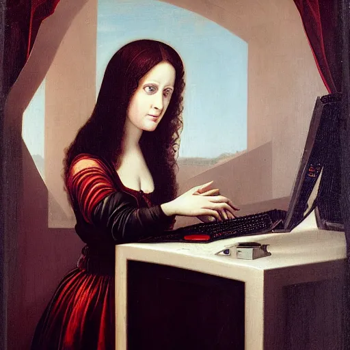 Prompt: Renaissance oil painting, creepy young lady, dark hair, typing computer keyboard staring at a giant computer screen on wall