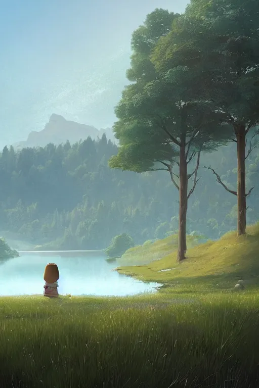 Image similar to beautiful matte painting by goro fujita concept empty world art fantasy path mountains and meadow in the background near a lake reflecting the trees, atmospheric lighting, painted, intricate, volumetric lighting, beautiful, rich deep colors masterpiece, sharp focus, ultra detailed by