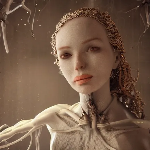 Prompt: photographic stil of beautiful model, a human robot woman, beautiful artificial biomecanic body with artificial bones and artificial flesh, cables, tubes, westworld style, medium - shot, insanely detailed, photorealistic, beautiful soft light, octane render, by annie leibowtiz