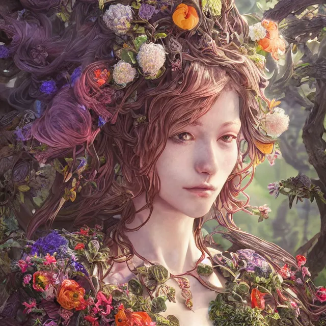 Prompt: the portrait of chaotic good female druid botanist as absurdly beautiful, gorgeous, elegant, young gravure idol, an ultrafine hyperdetailed illustration by irakli nadar, james jean, intricate linework, sharp focus, bright colors, octopath traveler, final fantasy, unreal engine 5 highly rendered, global illumination, radiant light, detailed and intricate environment