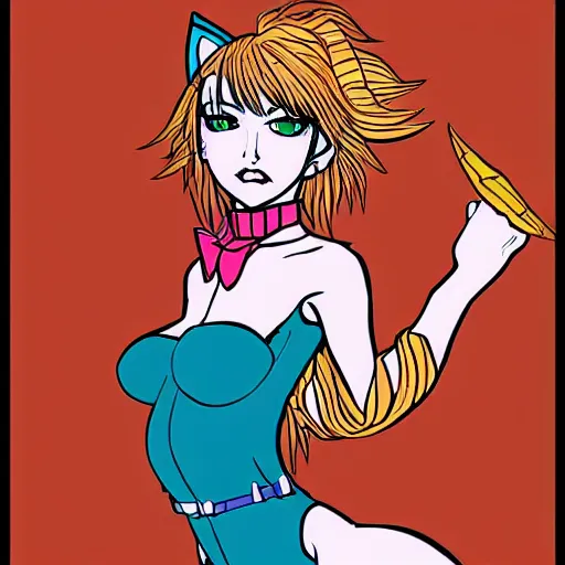 Prompt: catgirl drawn in the style of Hirohiko Araki, coloured, impressive line work,