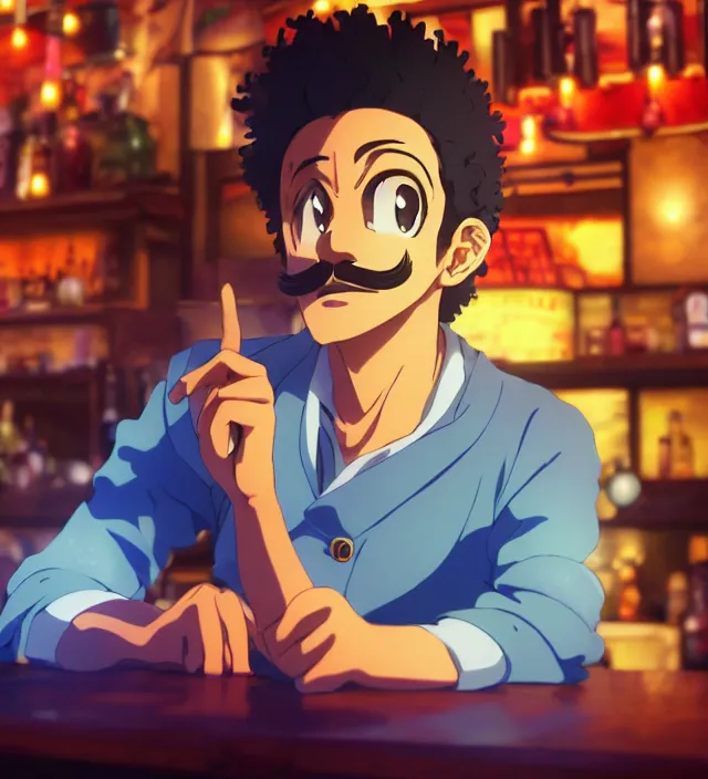 Image similar to close - up anime still of ( ( charming!!!!! latino middle - aged anime protagonist with curly afro and moustache!!! tilting his head charmingly ) late night in an anime bar, cozy lights, detailed orange atmosphere. cinematic rim lighting, global illumination, trending on artstation, hypdertailed, perfect shading, dreamy, masterpiece