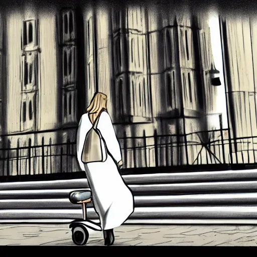 Image similar to a sketch drawing, a woman on a scooter, dressed in a white dress with a floral print, a view of big ben,, photorealistic, by gabo mendoza, trending on artstation