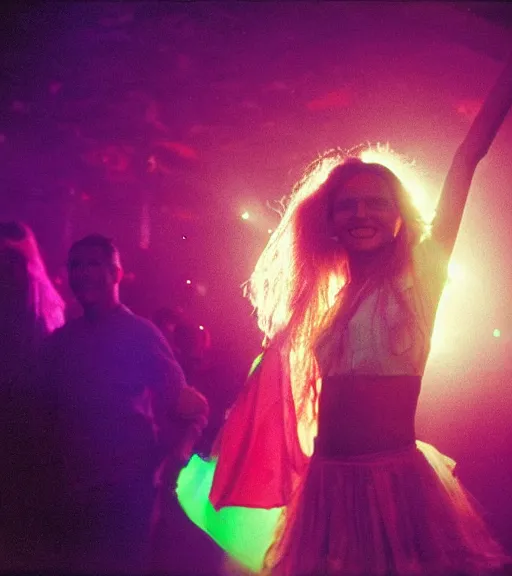 Image similar to portrait of a stunningly beautiful young hippie girl dancing at a crowded rave, rave lighting, stage lighting, lasers, spotlights, extremely colourful, epic cinematic lighting, smiling, pretty, alluring, by bruce davidson