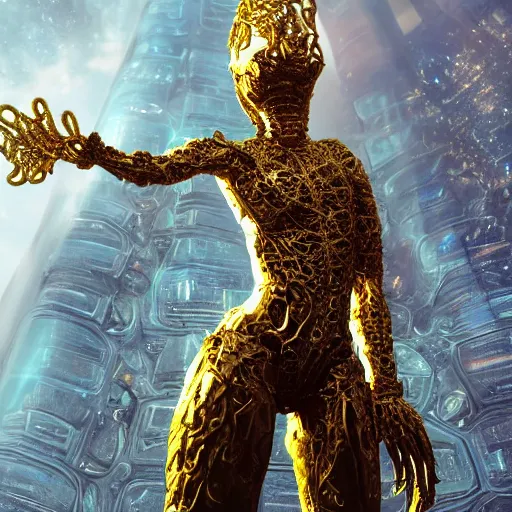 Prompt: a photo of 8k ultra realistic corrupted lovecraftian golden humanoid queen standing next to a spaceship window overlooking earth, 8 intricate white and gold tentacles, ornate white and gold armour, realistic character concept, medium shot, fun pose, comic book, illustration, slender symmetrical face and body, artstation, cinematic lighting, hyperdetailed, cgsociety, 8k, high resolution, Charlie Bowater, Tom Bagshaw, single face, insanely detailed and intricate, beautiful, vfx, postprocessing