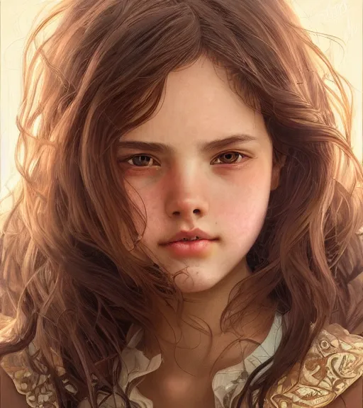 Image similar to ultra realistic illustration, portrait of 1 5 - year old girl with thick brown hair, large front teeth, and bright piercing brown eyes, intricate, elegant, highly detailed, digital painting, artstation, concept art, smooth, sharp focus, illustration, art by artgerm and greg rutkowski and alphonse mucha