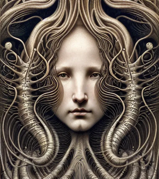 Image similar to detailed realistic beautiful wave goddess face portrait by jean delville, gustave dore, iris van herpen and marco mazzoni, art forms of nature by ernst haeckel, art nouveau, symbolist, visionary, gothic, neo - gothic, pre - raphaelite, fractal lace, intricate alien botanicals, ai biodiversity, surreality, hyperdetailed ultrasharp octane render