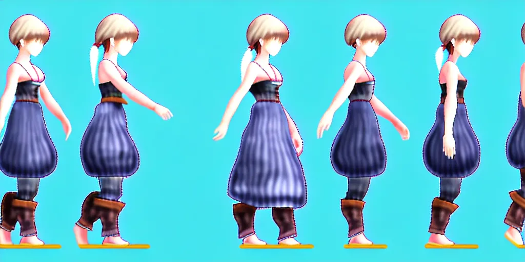 Image similar to 3 d walking cycle sprite sheet of a girl in a peasant clothes, walking to the right, each sprite is a different frame of the animation, in the style of final fantasy games, side view of her taking steps, accurate walk cycle, walk cycle, walk cycle, always wearing the same clothes