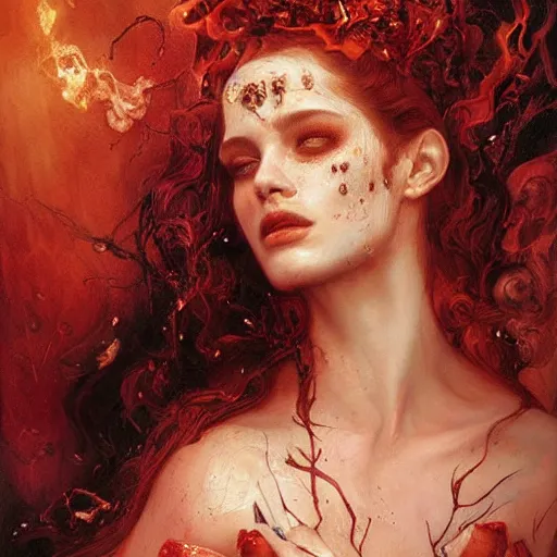 Image similar to epic masterpiece full body portrait a beautiful Persephone, queen of the underworld, with a beautiful face and flawless skin, cheeks wet with tears, in Hades, flames and smoke in background, raining ashes, by Edgar Maxence and Ross Tran and Michael Whelan