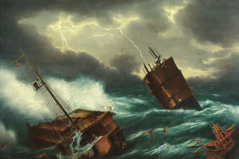 Image similar to shipwreck in the Bermuda triangle of a large ship, lightning and birds on the background oil painting