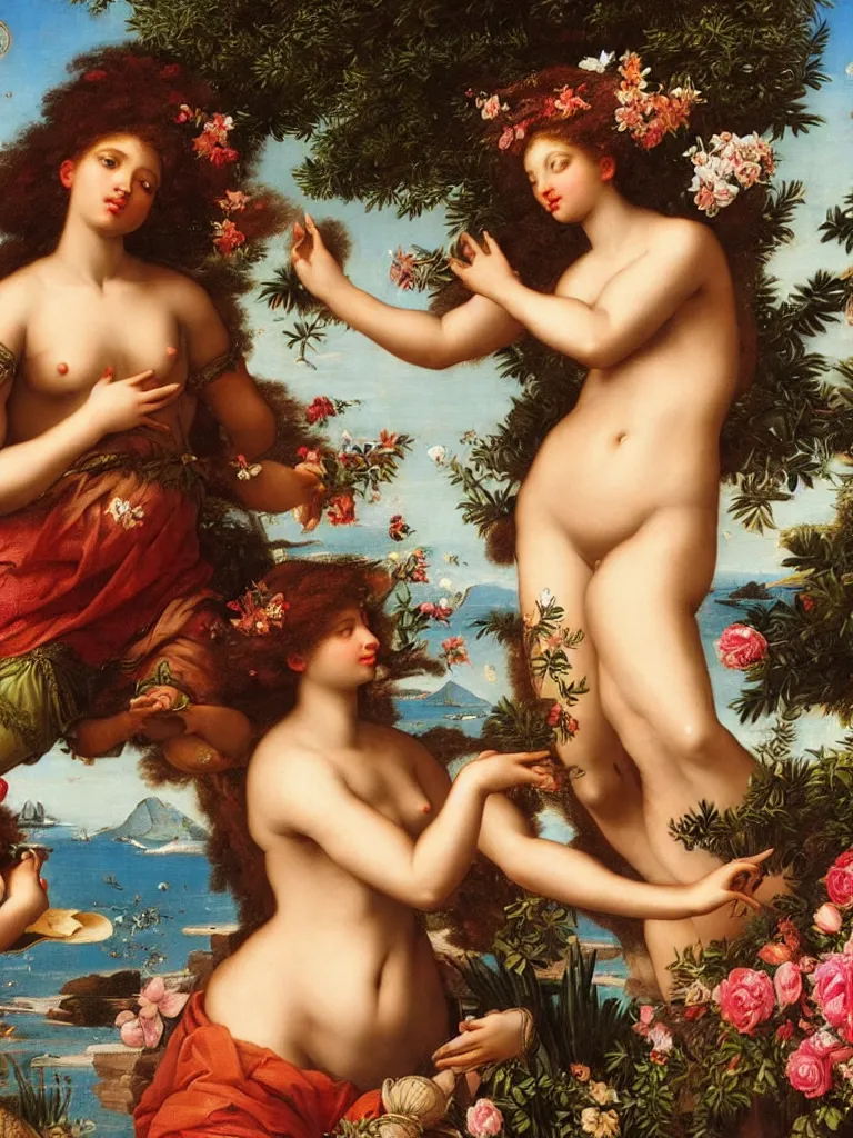 Prompt: african aphrodite, goddess of love : : the birth of venus : : background of roses, myrtle, doves : : rococo, academicism