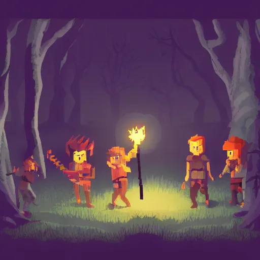 Prompt: group of adventurers wielding a torch in a dark forest, artstation, pixel art