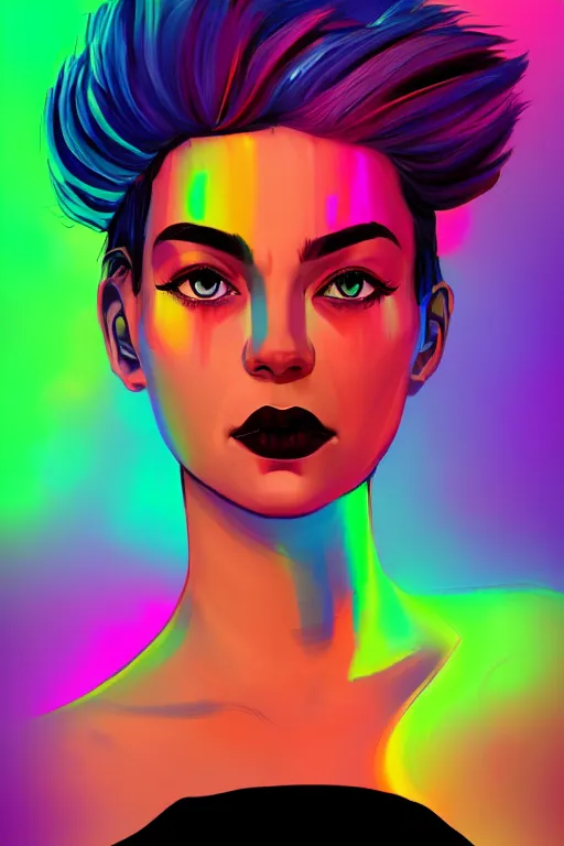 Prompt: a award winning portrait of a beautiful woman with stunning eyes in a one off shoulder croptop and cargo pants with rainbow colored hair, outlined by whirling illuminated neon lines and fine lines swirling in circles by james gilleard, digital art, trending on artstation
