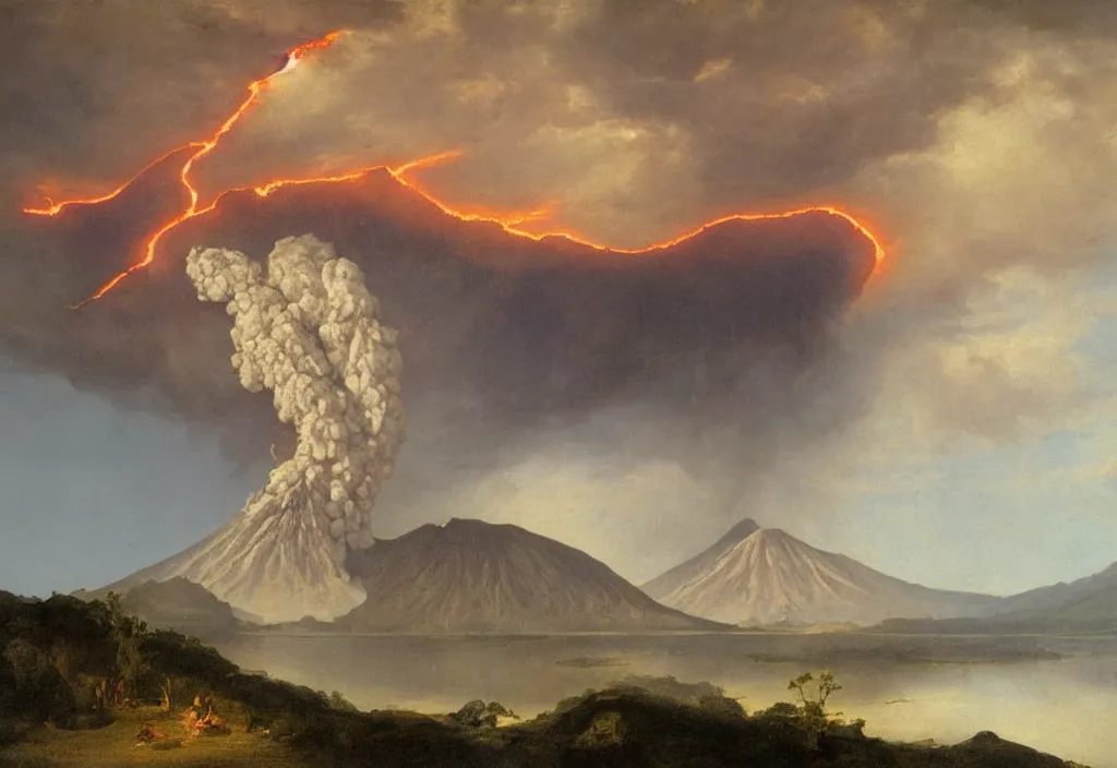 Prompt: a beautiful painting of a volcano oozing lava, pyroclastic clouds forming from the mouth of the volcano with lightning inside, in the background there are other mountains and a thick forest, there's a lake in the foreground with lush vegetation by albert bierstadt, high resolution, excellent contrast, morning