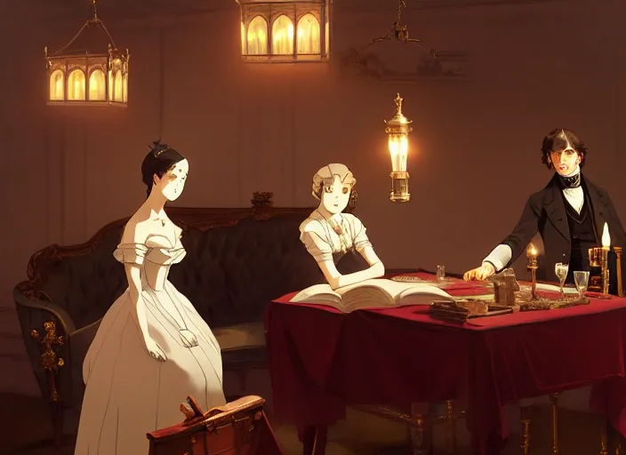 Prompt: victorian britain 1 8 3 6, wealthy couple william and fanny nightingale entertain guests in english victorian manor, adolecent florence nightingale reciting poetry, lamp light, finely detailed perfect art, gapmoe yandere grimdark, trending on pixiv fanbox, painted by greg rutkowski makoto shinkai takashi takeuchi studio ghibli
