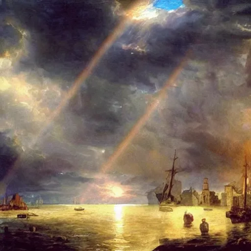 Image similar to oil painting of medieval harbour, storm clouds, sunrays, very very very very very beautiful bright art, american romanticism by goya, medieval castle, burning fires, colorful masterpiece, realistic and detailed, striking digital painting