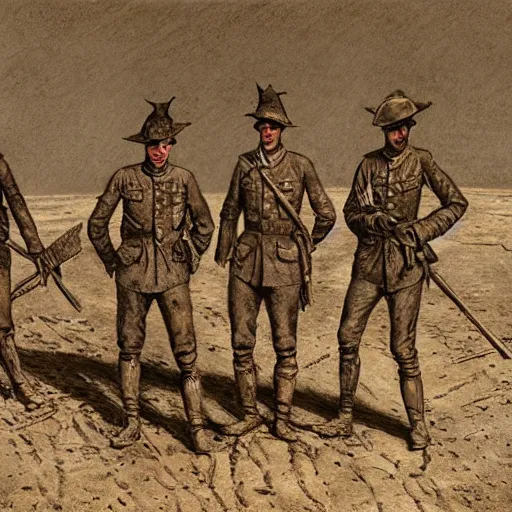 Image similar to ultra detailed photorealistic sepia - toned painting from 1 9 1 7, three british soldiers standing at an archaeological dig site in wadi rum, ultra realistic, painted, intricate details, lovecraft, atmospheric, dark, horror, brooding, highly detailed, by angus mcbride