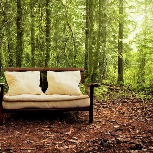 Prompt: a couch in the middle of a forest, beautiful ambient light