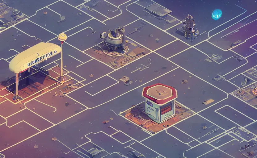 Image similar to isometric gas station in space, 8 k, steampunk, hard edges, zoomed in, very coherent, sharp focus, rim light, exquisite lighting, hard edges, sci - fi, print, cinematic, game art, soft painting, trending on artstation