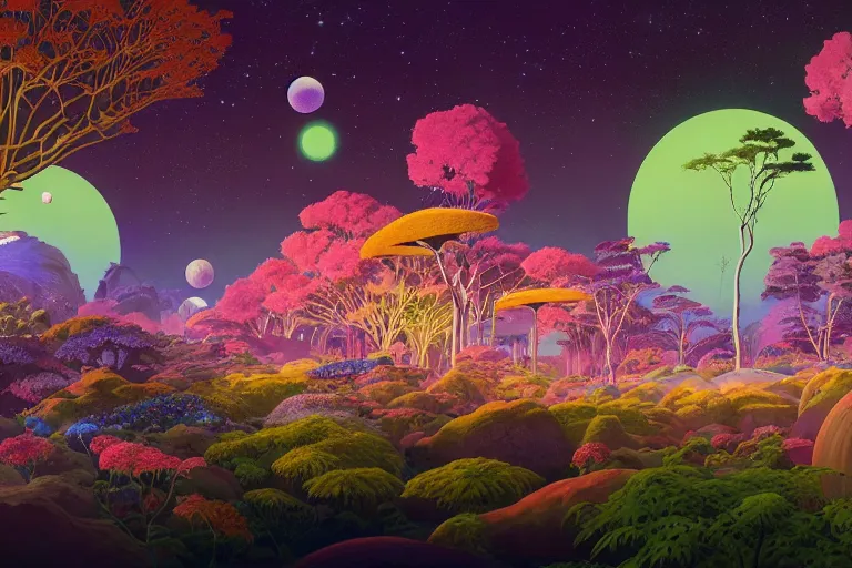 Image similar to a cosmic garden with glowing trees, flowers and plants by paolo eleuteri serpieri and tomer hanuka and chesley bonestell and daniel merriam and tomokazu matsuyama and makoto shinkai, clearly defined outlines, unreal engine, high resolution render, featured on artstation, octane, 8 k, highly intricate details, vivid colors