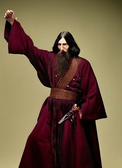 Image similar to full body portrait of RASPUTIN wearing a highly detailed deep purple and crimson robe with cloak. Cinematic dynamic lighting with backlight. Rasputin holds a machete in each hand. portrait by Annie Leibovitz