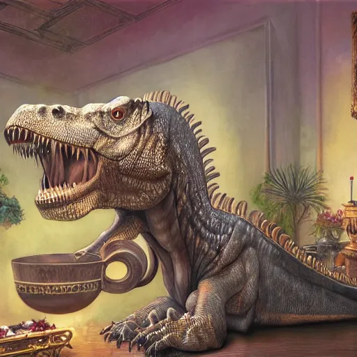 Image similar to long shot of tyrannosaurus rex sitting in a romantique tea cup, by esao andrews, by m. w. kaluta, harmonic composition, volumetric light, fresh colors, humorous oil painting, realistic reflections, smooth, concept art, depth perception, high depth of field, 4 k, unreal engine 5, ultradetailed, hyperrealistic, trending on artstation