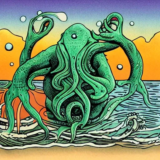 Image similar to cthulhu monster rising from the ocean with a synthesizer under its arm