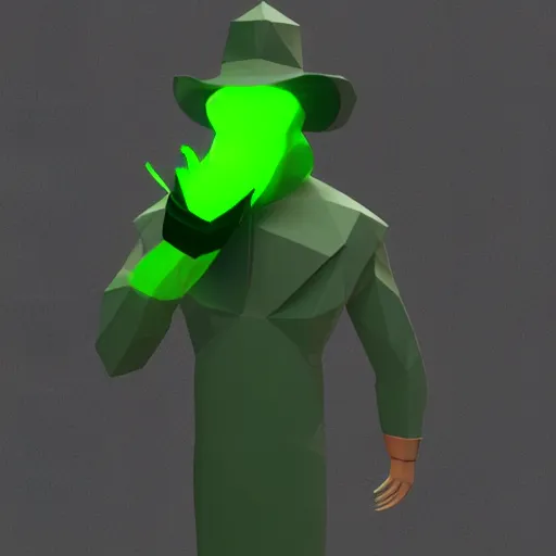 Prompt: blender render, torso of a low poly cyberpunk plague doctor, simple colors, green glowing lines in his beak, plain background