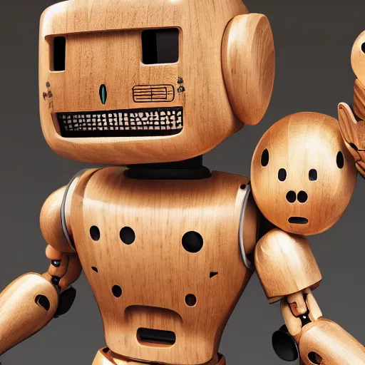 Image similar to ultra realistic 8k octa photo, wooden art toys on base cute robot gods , concept art ,art gallery