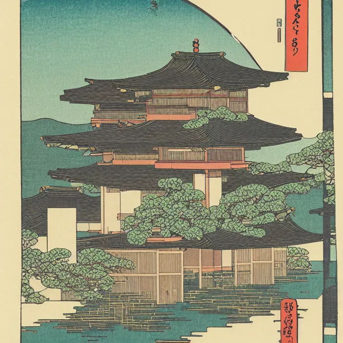 Prompt: a building in a serene landscape, ukiyoe